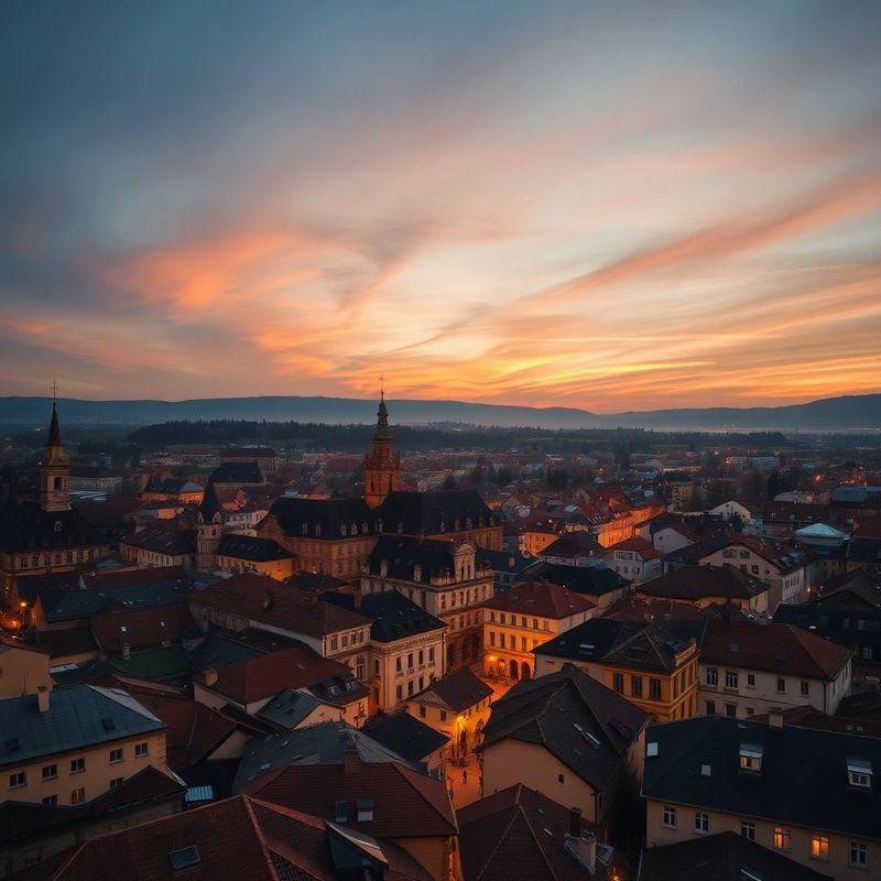 Fotografie aeriană a centrului Brașovului la asfințit, în tonuri de indigo și auriu