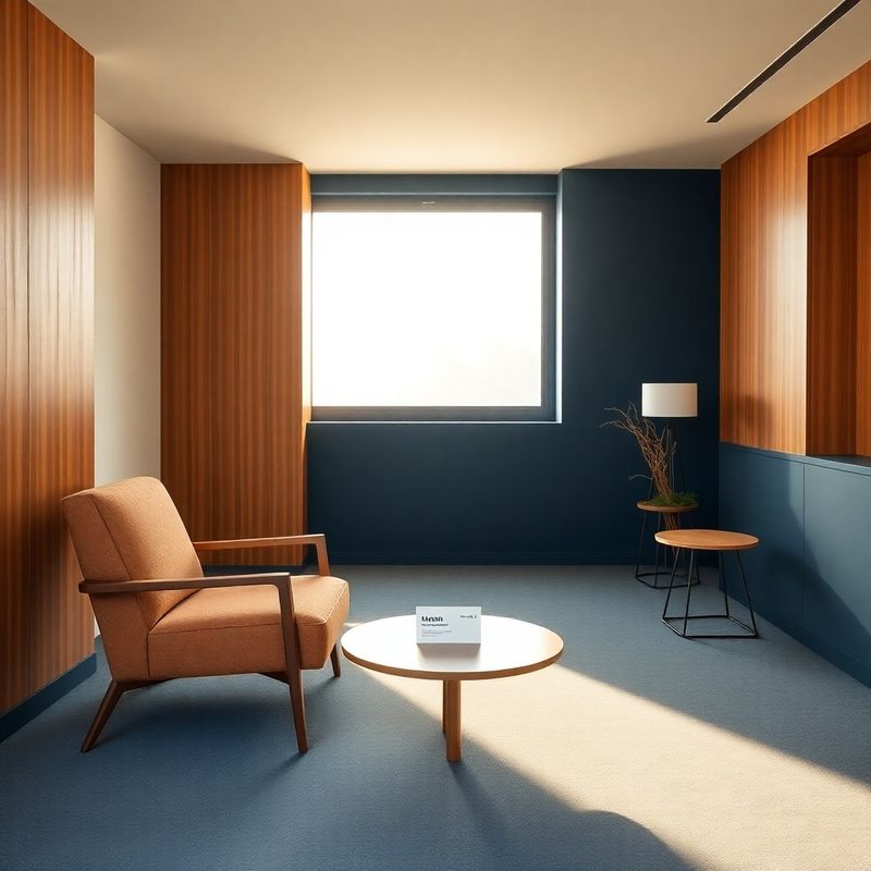 Zonă de recepție minimalistă într-un birou profesional cu accente indigo