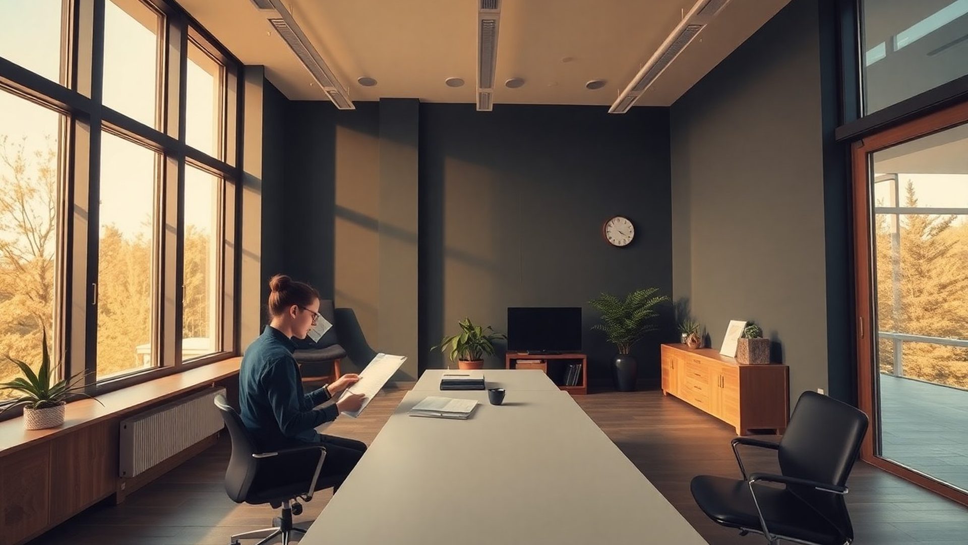 Interior de birou modern în Brașov, un profesionist analizând documente la un pupitru minimalist