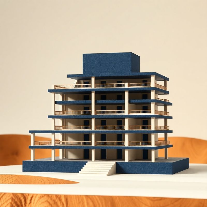 Model arhitectural al unor structuri de holding suprapuse, redate în indigo și alb-crem